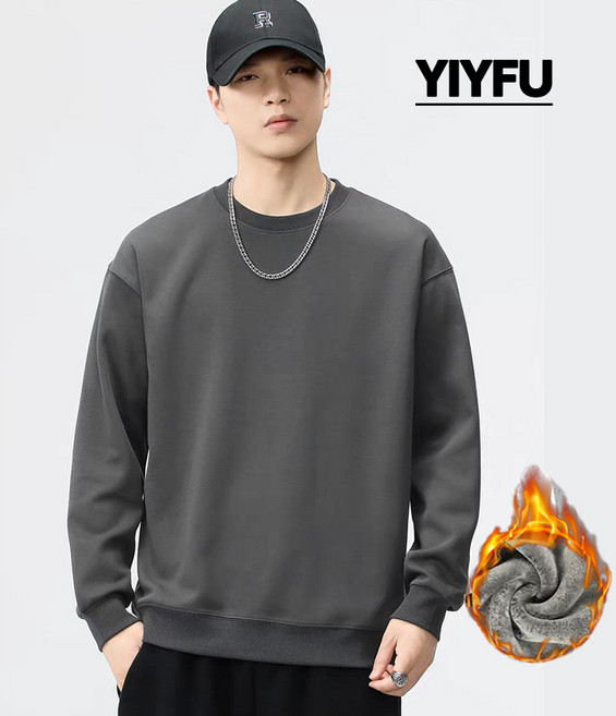 YIYFU남자 겨울 무지 캐주얼 빅사이즈 라운드 기모 맨투맨 따뜻한 보온 긴팔 티셔츠