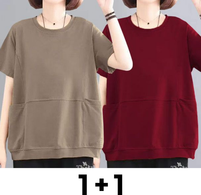 메인워크 1+1 중년 여성 빅사이즈 라운드넥 반팔 티셔츠 여름용 엄마룩 스판 루즈핏 데일리 패션 오버핏 포켓 냉장고 쿨링 아우터 상의 2매입