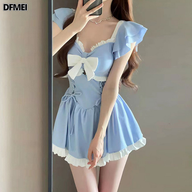 DFMEI 連體游泳衣女高級感夏季可愛甜美公主裙式保守顯遮肉度假, M【建議45-50Kg】