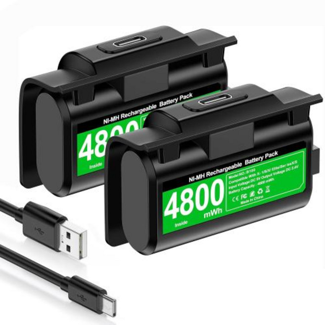 2개입 4800Mwh 배터리 Xbox One 컨트롤러 배터리 팩 플레이 앤 차지 키트 USB-C 충전 케이블Xbox One시리즈X용 커버 4개 S, 1)2pcs batteries