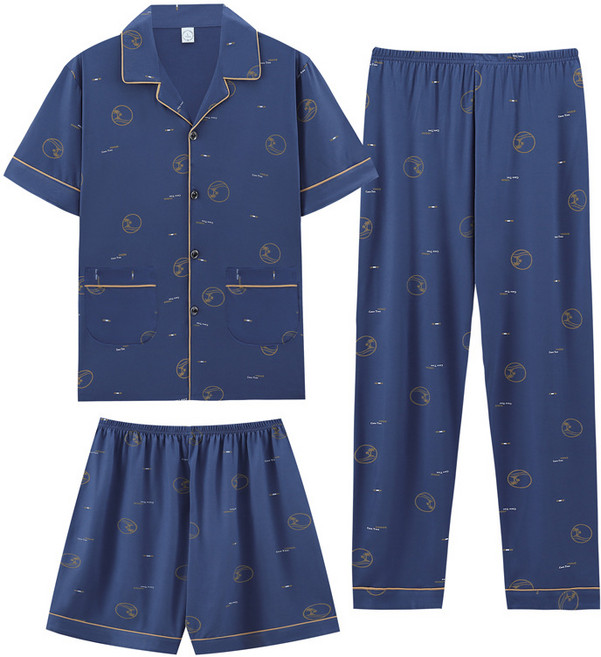 천하오 남자 면 100% 잠옷 반팔티 반바지 롱팬츠 쓰리피스 홈웨어 세트 L3051