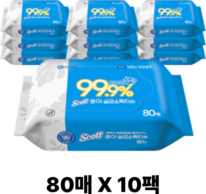 스카트 종이 살균소독티슈 리필형, 80매, 10개