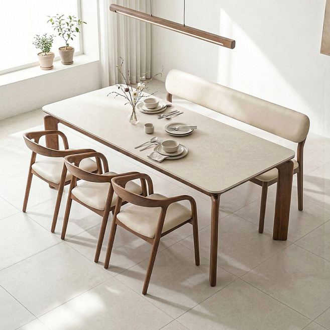 퍼니인어스 아르코 세라믹 원목 월넛 식탁 세트 6인용 벤치형, 6인식탁세트벤치형