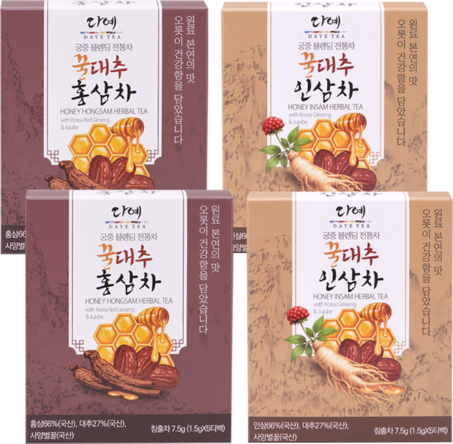 [본사직영] 다예 궁중 꿀대추 전통 인삼차 홍삼차 20티백 티타임 VIP 탕비실용 우려먹는 티백차, 30g, 10개, 20개입