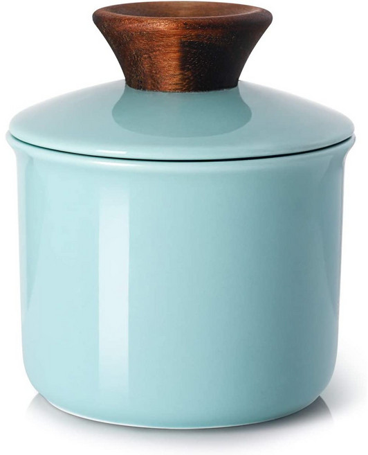 DOWAN Porcelain Butter Keeper Crock French Butter Crock with Wood Knob Lid Butter Dish for Soft Bu, Blue, 1개