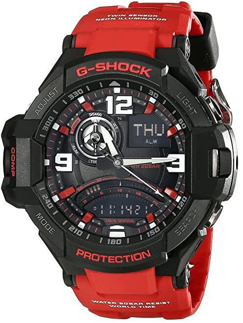 Casio G-Shock Aviation 블랙 다이얼 레드 레진 쿼츠 남성용 시계 GA1000-4B 블랙. 디지털
