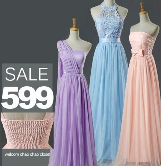 SISI【D5221】單肩無袖圍脖繞頸長裙 伴娘禮服 晚禮服 小禮服 連身裙 洋裝 蓬蓬裙 聖誕舞會 生日趴 跨年 尾牙 婚禮 喜酒, 藍色平口