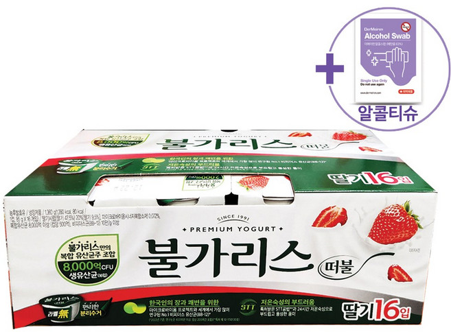 코스트코 남양 떠먹는 불가리스 85g x 16 딸기 or 복숭아 [맛선택] + 더메이런알콜티슈, 1.36kg, 1.딸기, 1개