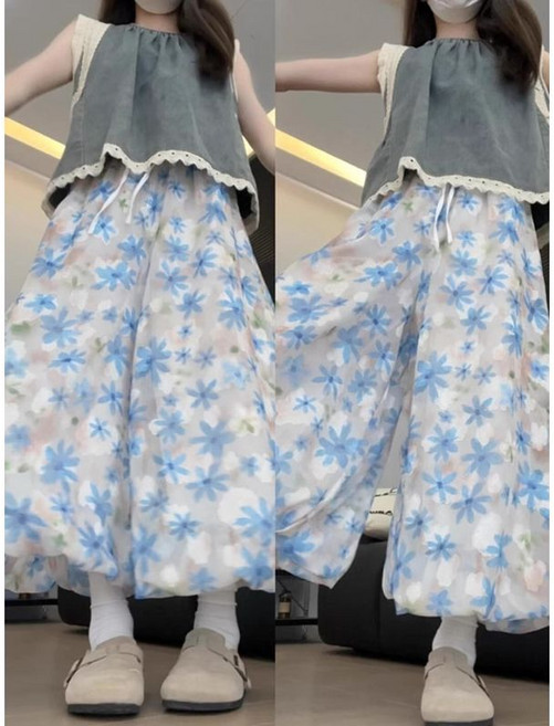 패션 롱 치마바지 여성 봄여름 캐주얼 기질 하이웨이스트 스커트 잔꽃 얇은 와이드 팬츠 YHY