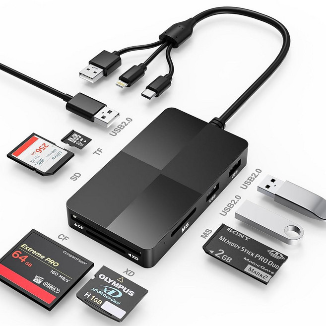 메모리 스틱 프로 듀오 리더 어댑터 8 in 1 SD/MS/TF/CF/XD 카드 리더 3개의 USB 2.0 포트 Lightning+USB A+USB C 멀티 지원 OTG, 8 in 1 메모리 스틱 프로 듀오 어댑터 리더기 SD
