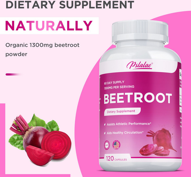 비트 뿌리 캡슐 - 1300mg 유기농 순수 비트 뿌리 분말 | 천연 및 비건 건강 보조 식품, 3개, 120정