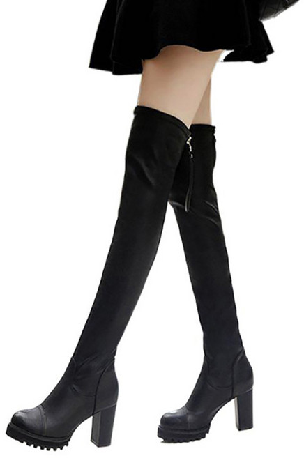 셀럽당 여성용 뒤지퍼 스판 무릎 롱부츠 가보시 굽 롱부츠 F02420-KR