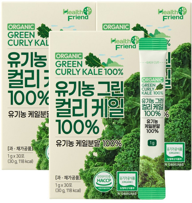 헬스프랜드 유기농 그린 컬리케일 100% 30포 동결건조 곱슬케일 분말, 3개, 30회분