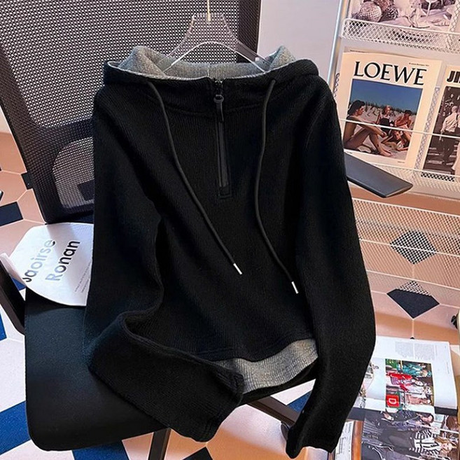 QEWBG 여성 레이어드 후드 티셔츠 배색 루즈핏 캐주얼 봄가을 맨투맨