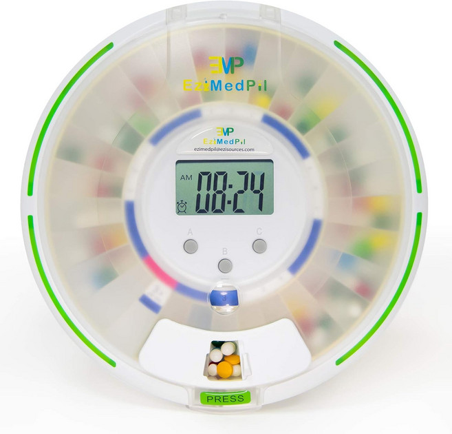 알람 사운드 및 라이트 하루 최대 6개의 용량 템플릿 읽기 쉬운 디스플레이 프로스팅 뚜껑 알약 프라이버시 보호를 위한 28일 잠금 약물 디스펜서가 포함된 이지메드필 자동 디스펜서, Clear Lid