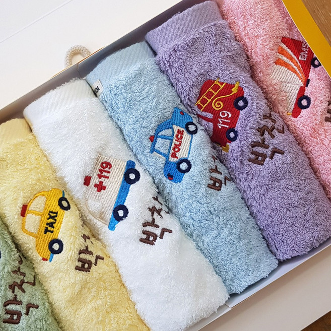 송월 40수코마사 베이비 하트베어 강아지 긴급자동차 귀요미 어린이집 고리수건 5장 6장세트 선물 이름자수, 긴급자동차시리즈(5장), 1세트