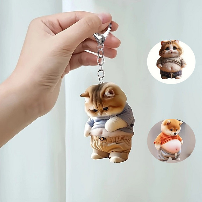 쓸데없는선물 킹받는 신박한 선물 뚱땡이 고양이 강아지 아크릴 병맛 웃긴 키링 열쇠고리 에어팟키링, 시무룩한 비만 고양이
