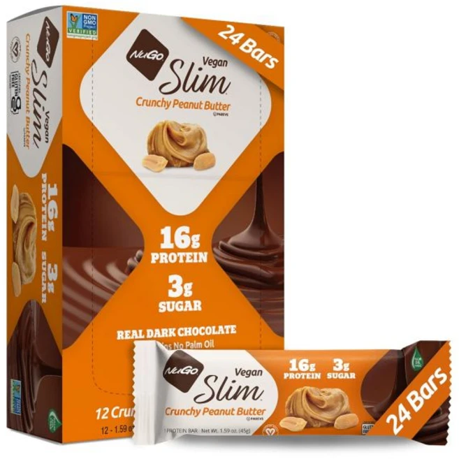 NuGo 에너지바 누고 슬림 다크 초콜릿 크런치 피넛 버터 17g 비건 프로틴 설탕 3g 섬유질 7g 180칼로리 낮은 순 탄수화물 글루텐 프리 12개입, 24개입 바삭한 땅콩, 1개, 16g - 쿠팡