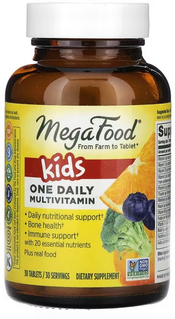 메가푸드 어린이 원데일리 멀티 비타민 30정 종합비타민 비타민C 비타민 D E K 엽산 비오틴 판토텐산 아연, 1개