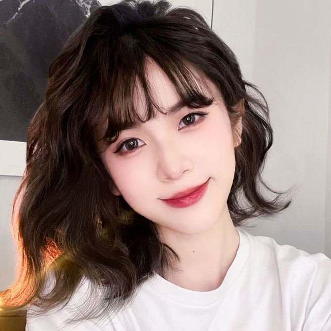 여성 가발 앞머리 통단발 웨이브 가발(가발 수납포켓 포함), 1개, 블랙