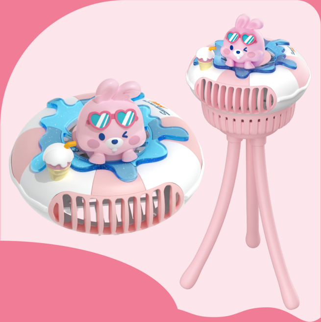 애니버디즈 휴대용 유모차 선풍기 문어발, 핑크래빗, 핑크래빗