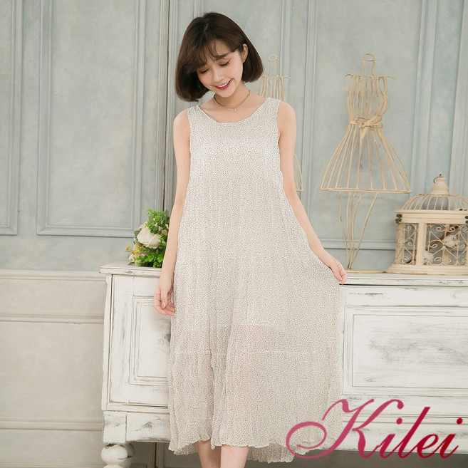 【Kilei】女裝點點印花雪紡無袖背心長洋裝XA4126 (共2色) 全尺碼, 白底黑點