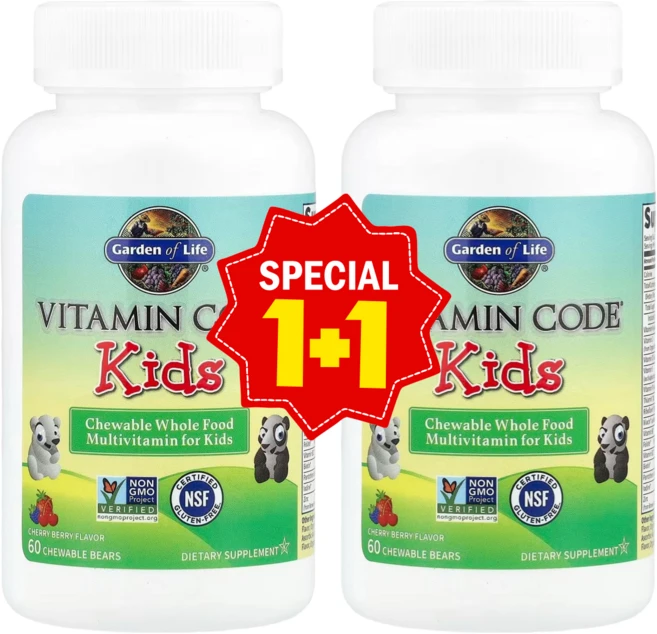 (1+1) 가든 오브 라이프 비타민코드 어린이용 츄어블 천연 식품 종합비타민 체리 베리 맛 곰 모양 츄어블 60정, 2개 - 쿠팡