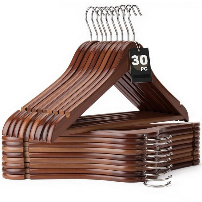 Korpai 30 Pack Wooden Hangers Wooden Clothes Hangers with Smooth Pant Bar and Shoulder Notches Hea