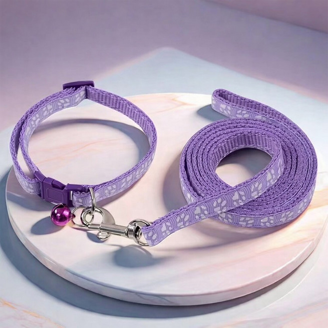 리비르 강아지 초경량 발바닥 패턴 목줄 리드줄 세트, 1세트, 보라색