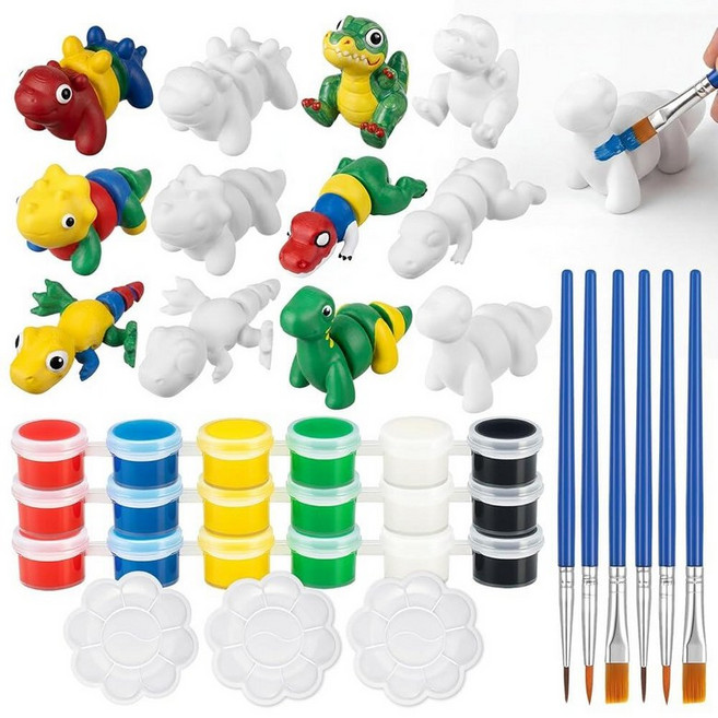 12피스 3D 프린트 동물 피규어 페인팅 예술 및 공예 키트 나만의 페인트 관절형 피젯 DIY 도색되지 않은 조각상 브러시 팔레트 아크릴 물감(공룡) 142999, 공룡