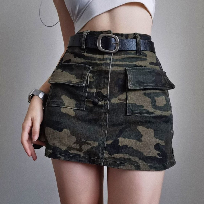 여성용 데일리 하이웨스트 카모 청치마 반바지 스판 H라인 데님 스커트