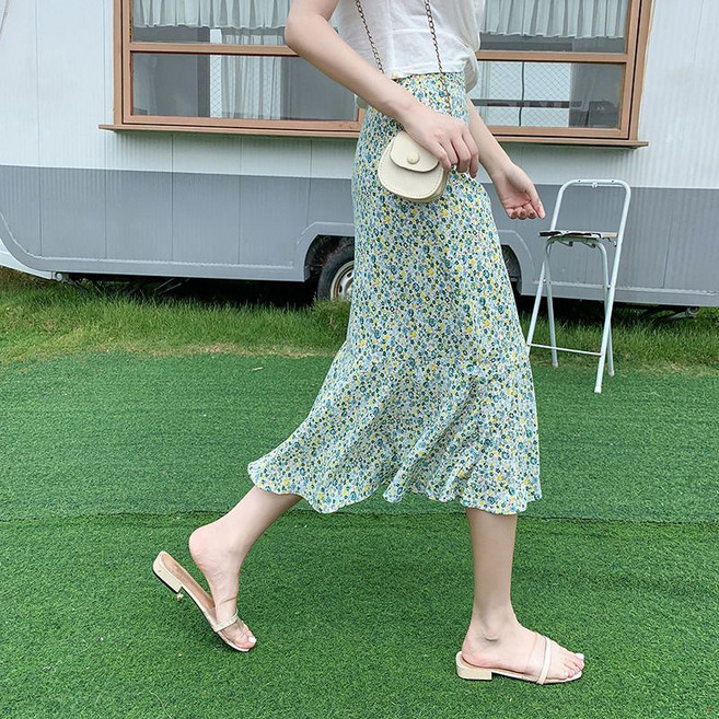 여름 쉬폰 스커트 여성 기질 언밸런스 플레어 롱스커트 패션 코디 하이웨스트 플라워 쉬폰 머메이드 스커트 WMY
