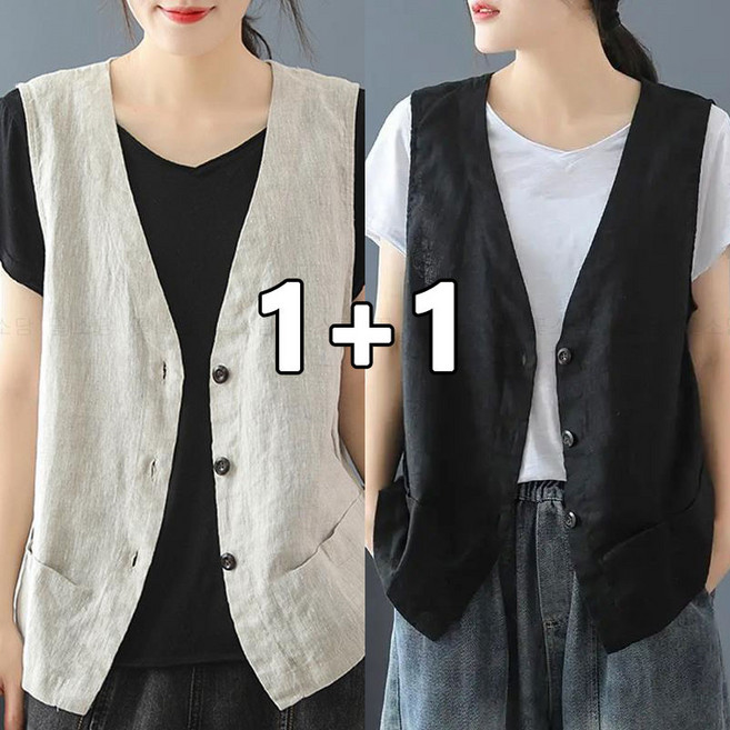 꽃소담 1+1 중년여성 루즈핏 린넨 조끼 엄마 브이넥 얇은 베스트 HXY26A857