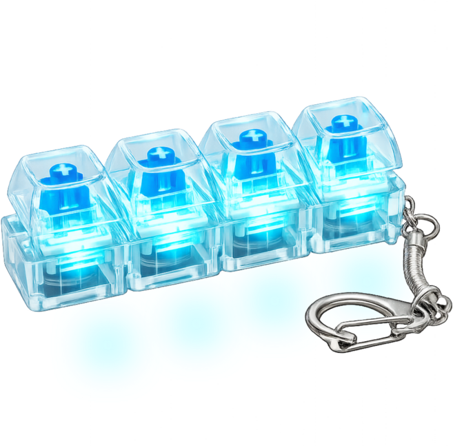 레아레아 LED 키보드 키링 키캡 클릭커 열쇠고리 키홀더, 1개, 투명 4구