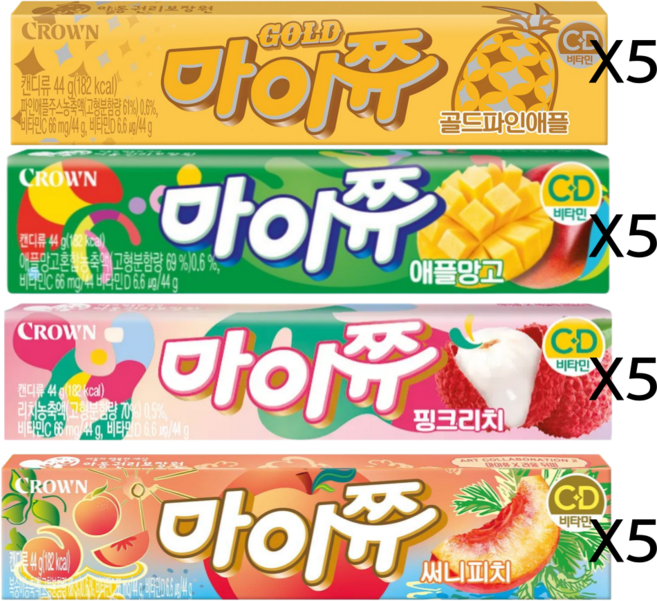 크라운 마이쮸 애플망고+써니피치+핑크리치+골드파인애플 열대과일맛 4종 (44gX5개씩), 3세트, 880g