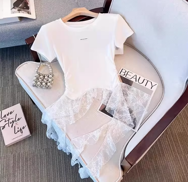 쌍천 반팔티셔츠 블라우스 언밸런스 레이스 치맛자락 셔링 시크 톱 치어리더 방송댄스 무대공연 반팔티 A26032302