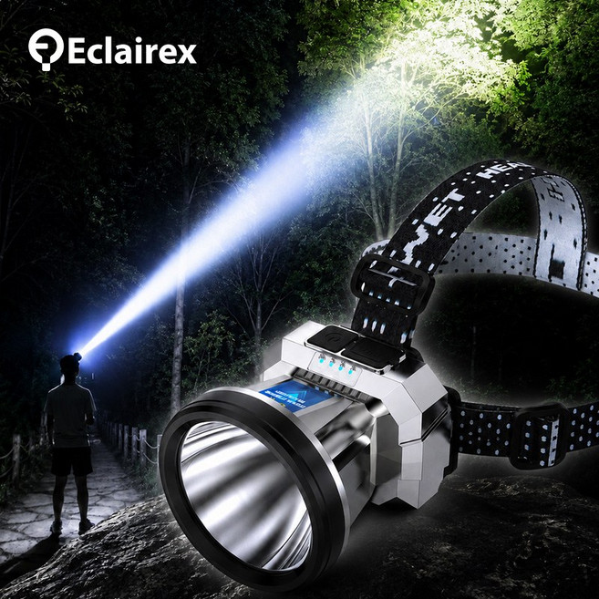 Eclairex 헤드랜턴 2000루멘 초강력 led 충전식 헤드렌턴 등산용 낚시용, 1개, 은색