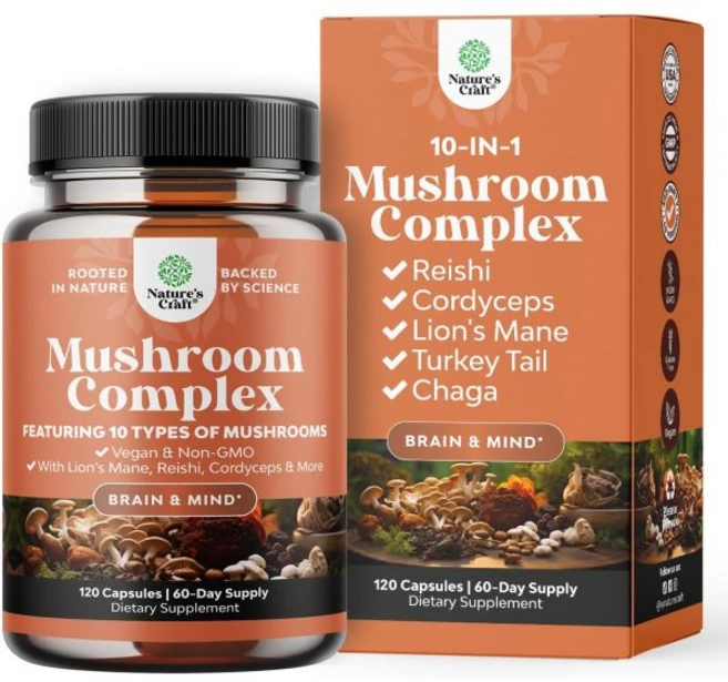 Advanced Mushroom Complex Capsules - 10X Lions Mane Supplement Capsules with Reishi Chaga Maitak, 120 Count (Pack of 1), 1개, 120정 - 쿠팡