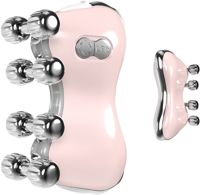 Leeko EMS 페이스 롤러 괄사 마사지기 LED 광케어 다기능 전동 피부 마사지기 바디 마사지기 45도온열 곡선 얼굴 리프팅+8개의 금속 마사지 롤러, 핑크, L-301