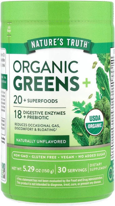 네이처스 트루스 Nature's Truth 유기농 Greens+ 천연 무맛 150g5.29oz123806원산지:기타, 네이처스 트루스 Nature's Truth, 유기농 G, 150g - 쿠팡
