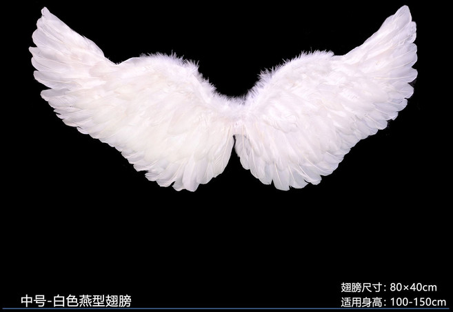成人兒童天使羽毛翅膀 聖誕節萬聖節花童裝扮道具, 1個, 中號白色-燕型翅膀+翅膀頭箍+棒