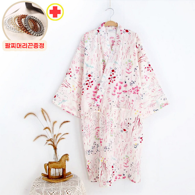 진하다 순면 골프 샤워가운 여성 거즈면 여름 목욕가운 잠옷, 1개, 플라워 M