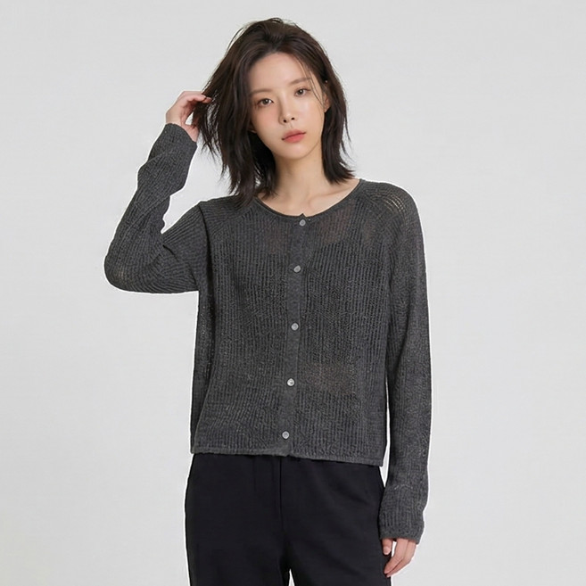 오브나인 라운드넥 여성 니트 펀칭 여름 가디건 (2color)+델로나