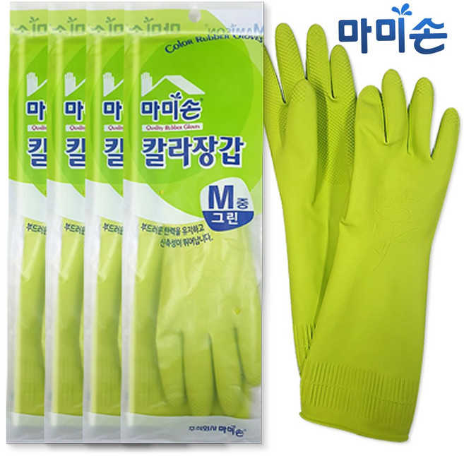 마미손 고무장갑 칼라 그린 중형 4개