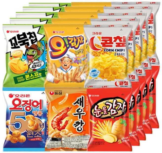 오리온 MINI 꼬북칩 30g+오감자 30g+콘칩 44g+새우깡 30g+오징어땅콩 80g+눈을감자 36g, 1세트