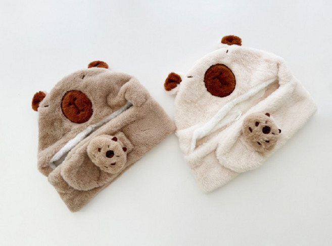 [인기템]따뜻한 동물 후드머플러 캐릭터 모자 곰돌이 후드목도리 카피바라 털 목도리 넥워머