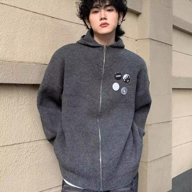 美式秋冬男士針織開衫 復古寬鬆連帽毛衣外套