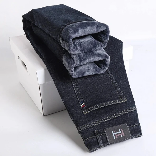 Business Thick Men s Jeans Winter Fleece Fashion Casual Cotton Trousers Elastic Str [S00125809] - 쿠팡