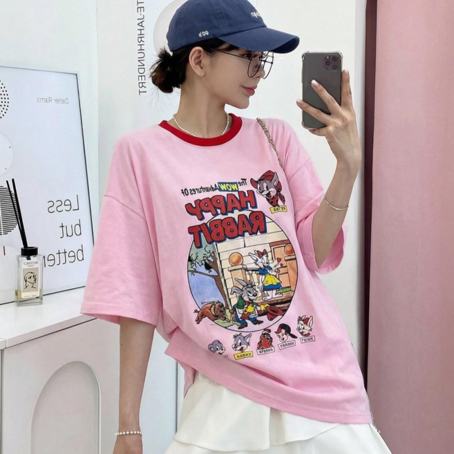 해피래빗 프로포즈 여성 오버핏 라운드넥 배색 반팔티셔츠 면100% 캐주얼 여름