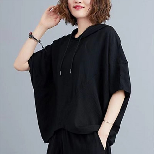 Vezri 여성용 여름 솔리드컬러 빅사이즈 가오리핏 캐주얼 후드 반팔 티셔츠